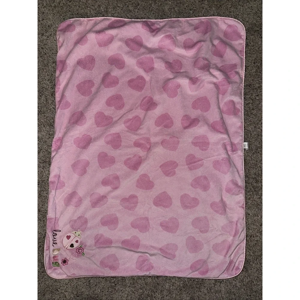 Carters Just One Year Love Bug Baby Blanket Ladybug Pink‎ Hearts/ Brown Sherpa
